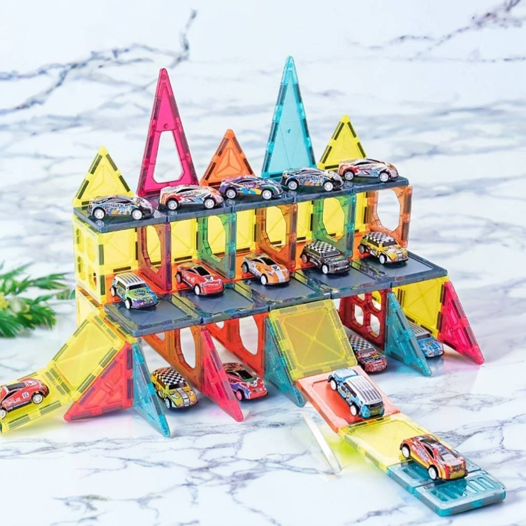 102Pcs DIY Magnetic Tiles Building Blocks With 10Pcs Car