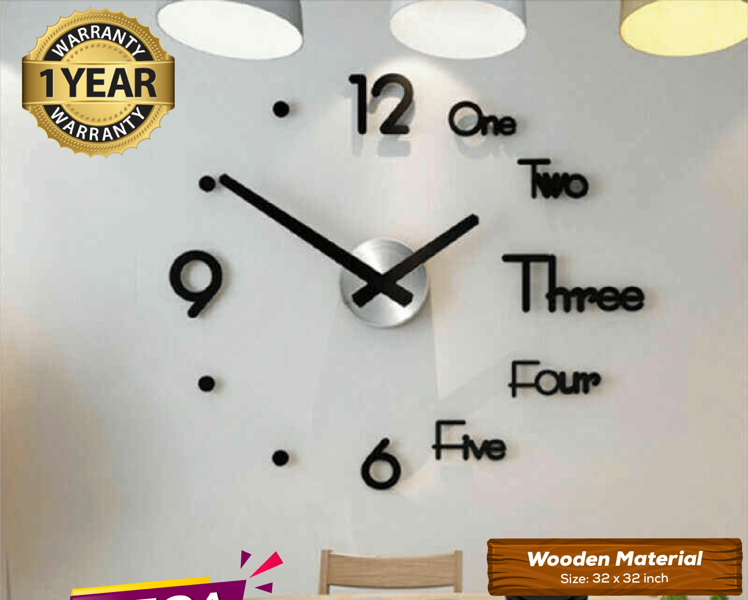 LARGE SIZE WOODEN DIY CLOCK WITH 12 INCHES NEEDLES